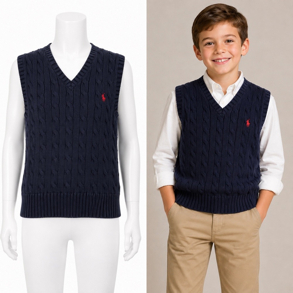 Vintage Polo Ralph Lauren Boys 4T Navy Cable Knit Cotton Sweater Vest Red Pony